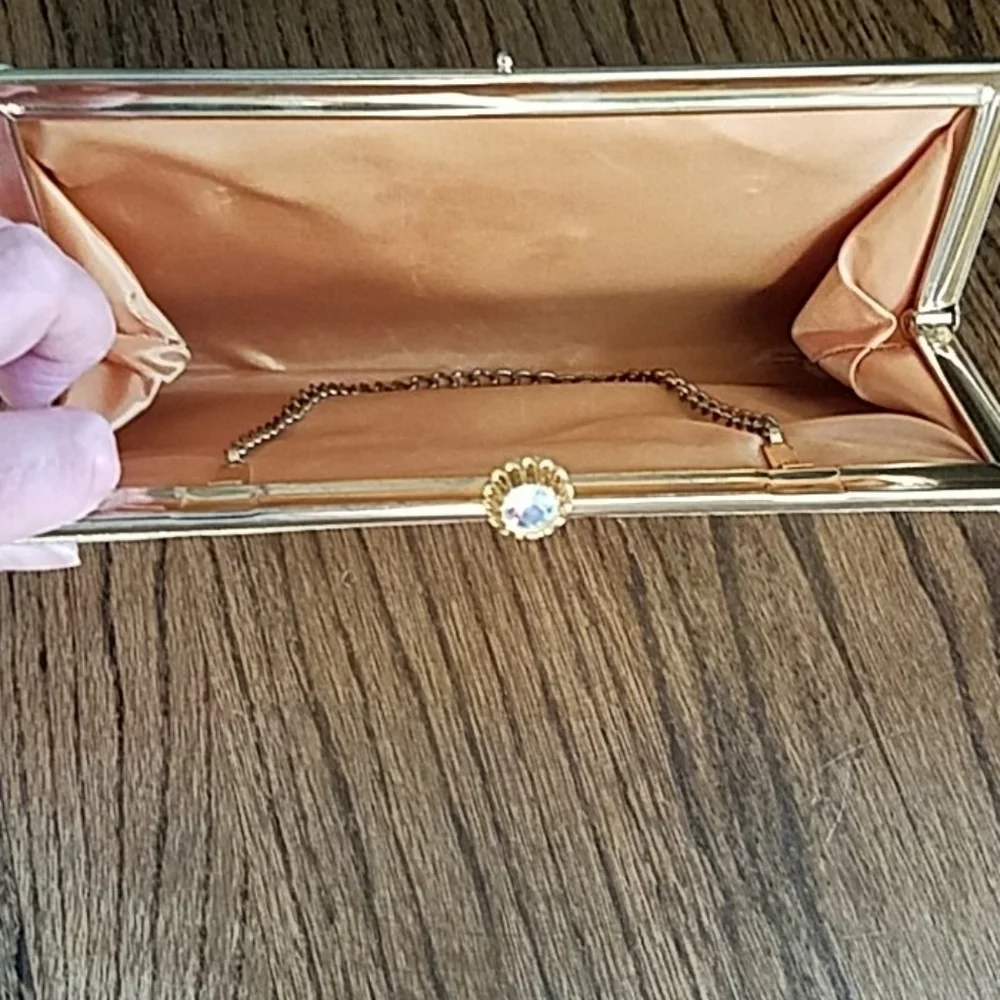Y2K Silk Clutch Rectangular Gold Sparkle Satin Metal Chain Crystal Clasp